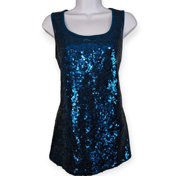 NWOT Versona teal blue sequined tank top blouse Womens Medium - Picture 6 of 8